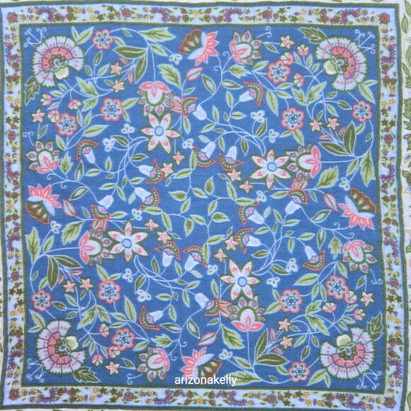 Square Wool Blue Scarf With Leaves and Flowers - Picture 4 of 12